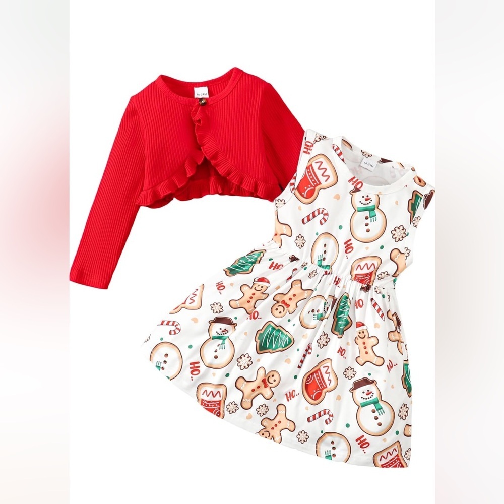 Girls Festive Red & White Holiday Print Dress‎ (Red Cardigan not included)